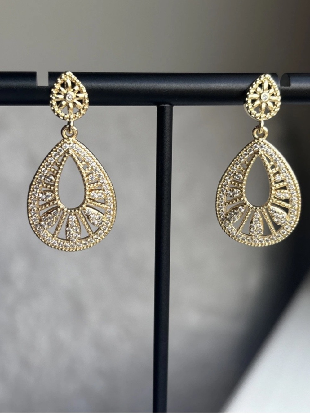 Gold Plated Teardrop Filigree CZ Drop Earrings Statement Bridal Formal